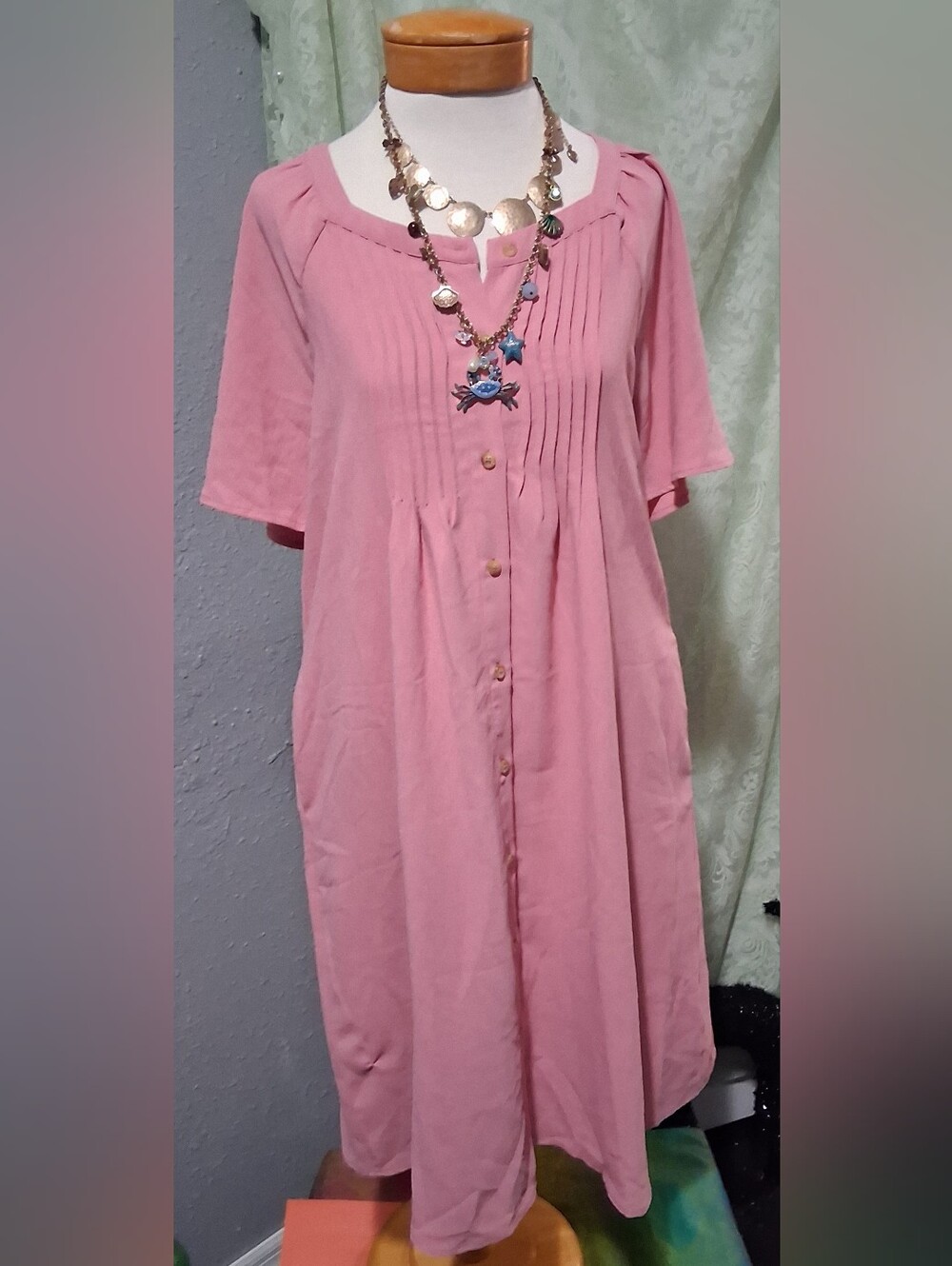 Button-Front Pink Midi Dress with Pintuck Bodice